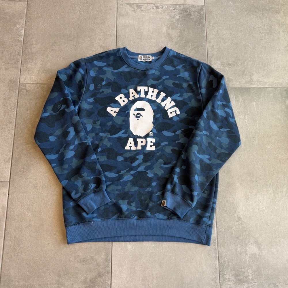 A Bathing Ape BAPE Blue Camo Crewneck Sweatshirt Logo Graphic XXL Fits Large